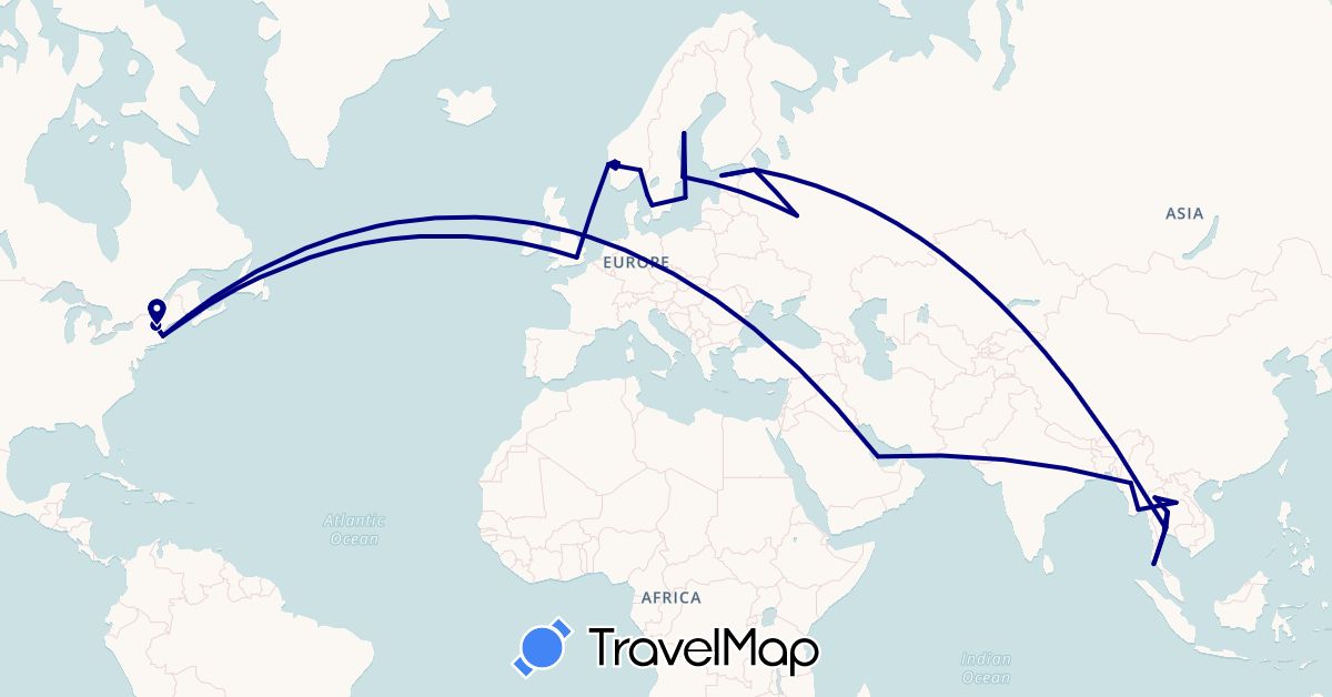 TravelMap itinerary: driving in Estonia, United Kingdom, Laos, Myanmar (Burma), Norway, Qatar, Russia, Sweden, Thailand, United States (Asia, Europe, North America)